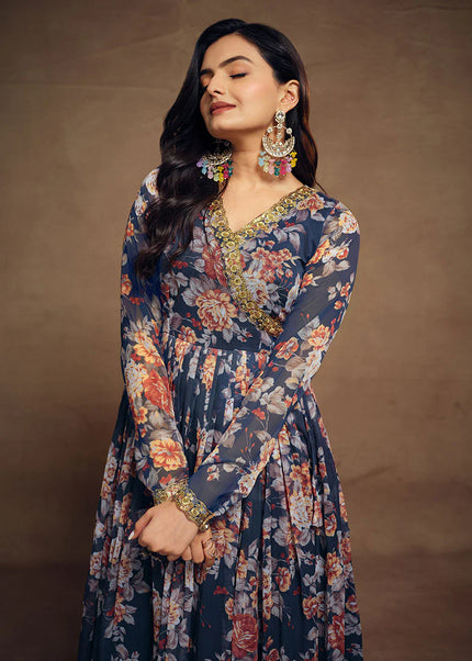 Blue Floral Printed and Embroidered Salwar Suit