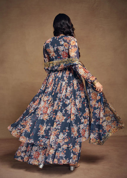 Blue Floral Printed and Embroidered Salwar Suit