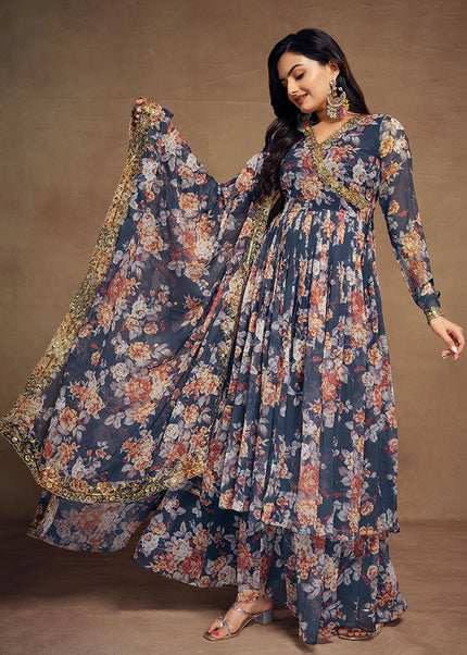 Blue Floral Printed and Embroidered Salwar Suit