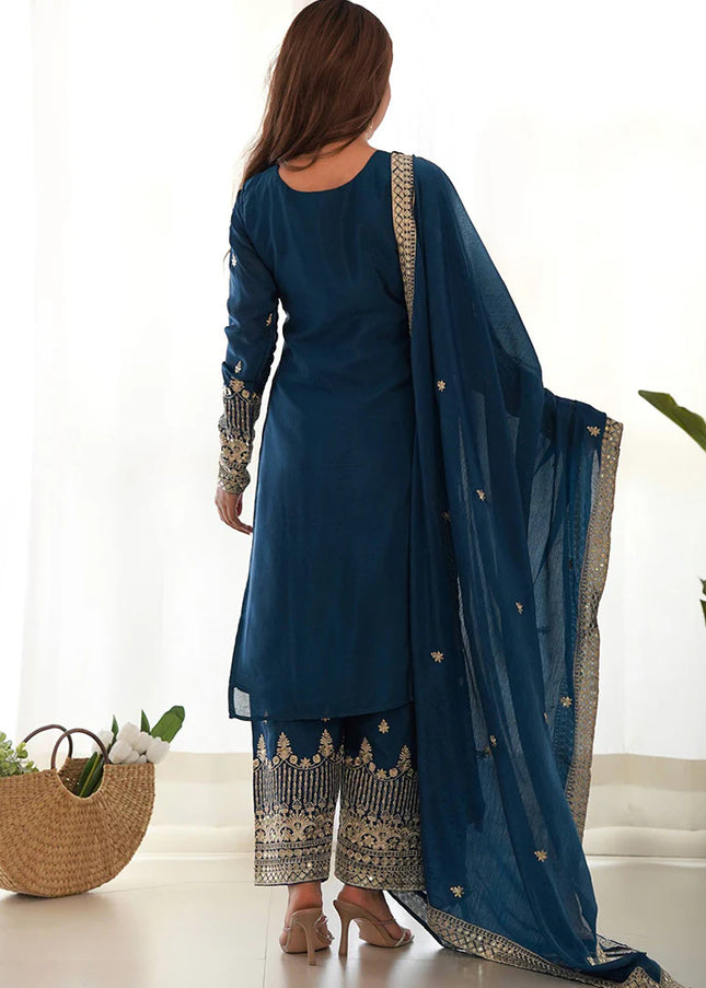 Teal Embroidered Pant Style Suit
