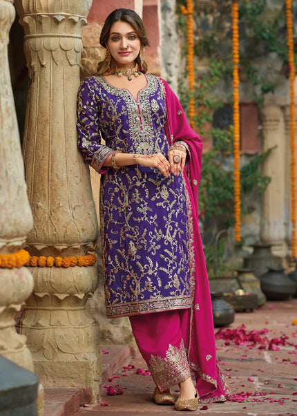 Violet and Pink Embroidered Pant Style Suit
