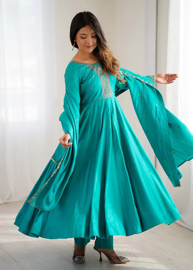 Teal Embroidered Anarkali