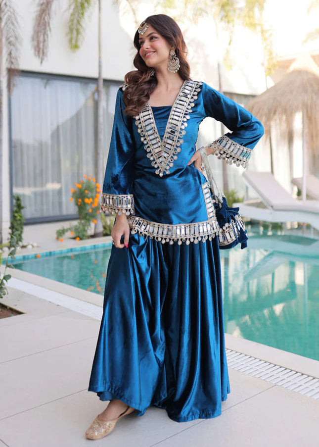Velvet Embroidered Sharara Suit