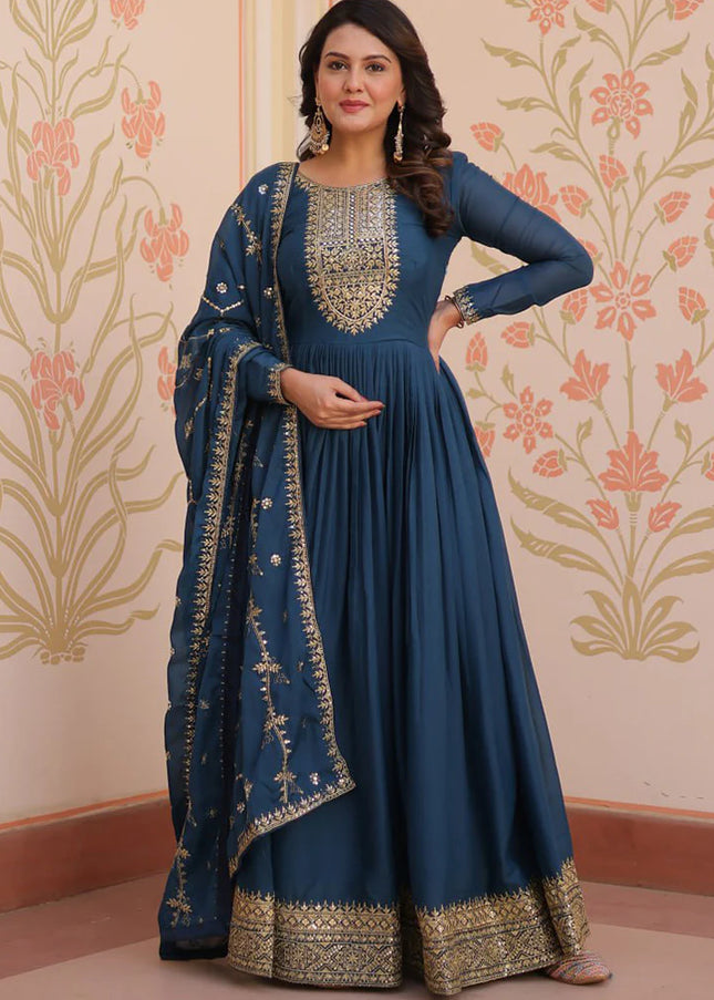 Teal Embroidered Anarkali Gown