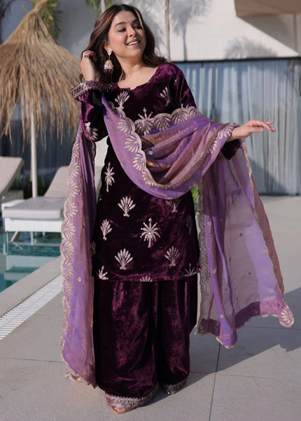 Purple Embroidered Sharara Suit