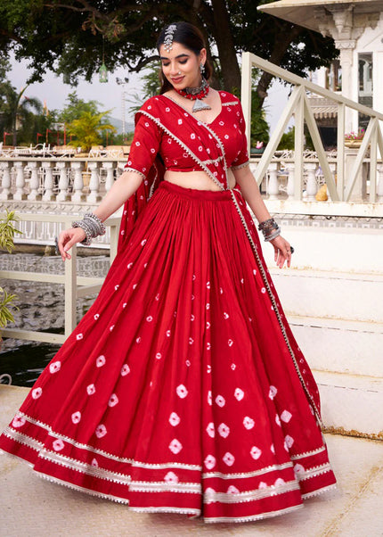 Red Printed and Embroidered Lehenga Choli