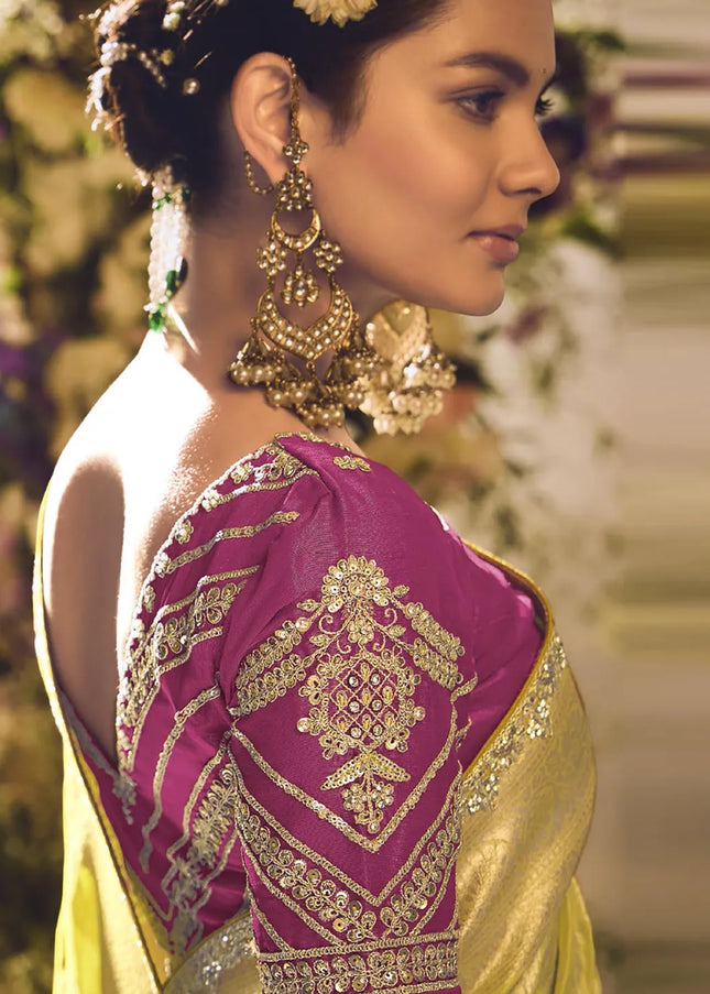Pink and Yellow Embroidered Wedding Saree