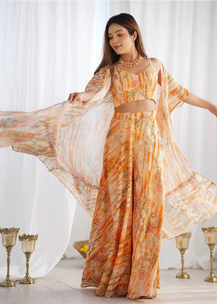 Cream Floral Printed Jacket Style Sharara Suit