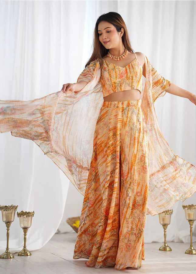 Cream Floral Printed Jacket Style Sharara Suit