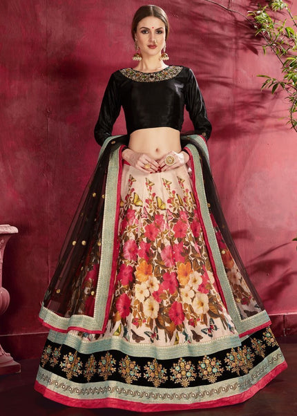 Black-Multicolor Floral Printed and Embroidered Lehenga Choli