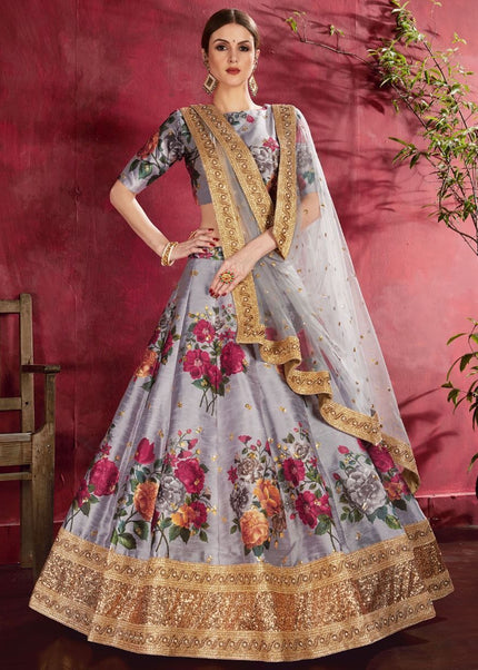 Grey Floral Printed and Embroidered Lehenga Choli