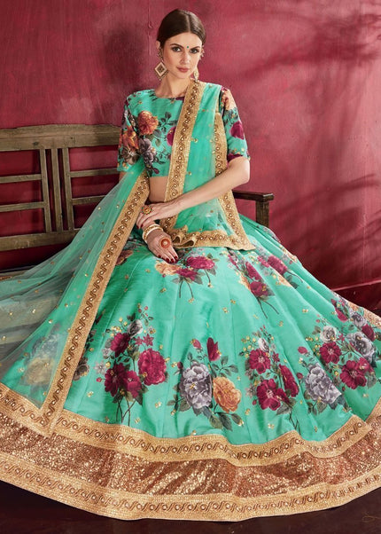 Green Floral Printed and Embroidered Lehenga Choli