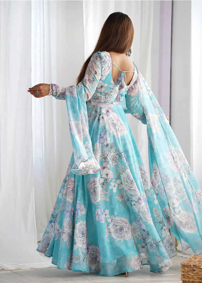 Sky Blue Floral Printed Anarkali Gown