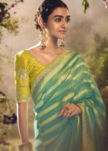 Mustard and Sky Blue Embroidered Wedding Saree