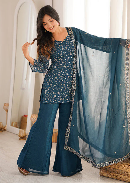 Teal Embroidered Palazzo Suit