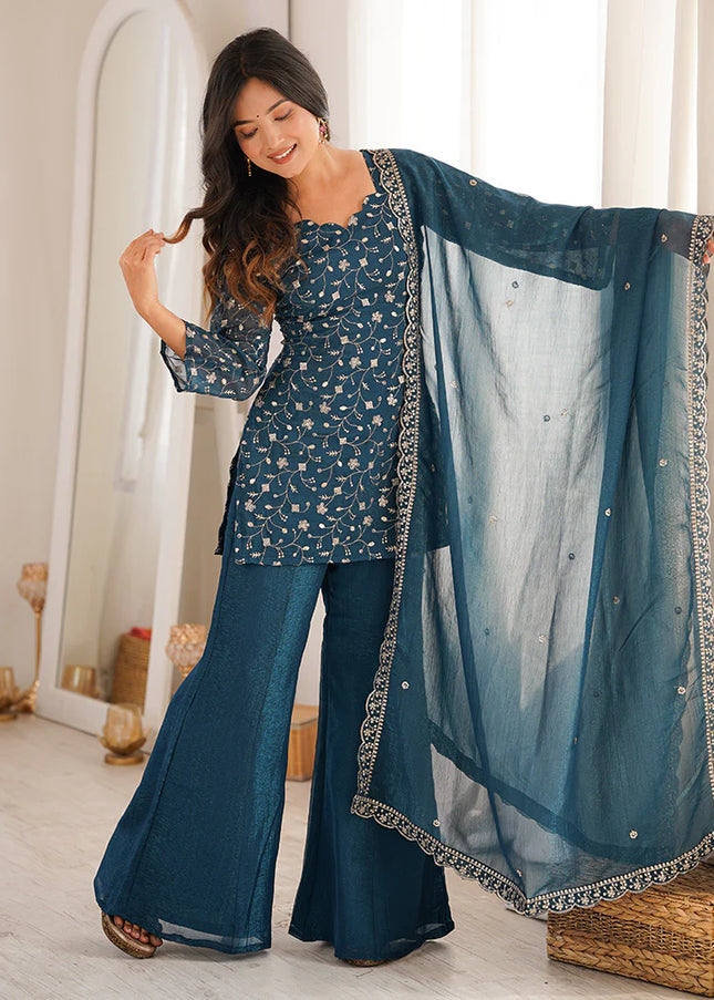 Teal Embroidered Palazzo Suit