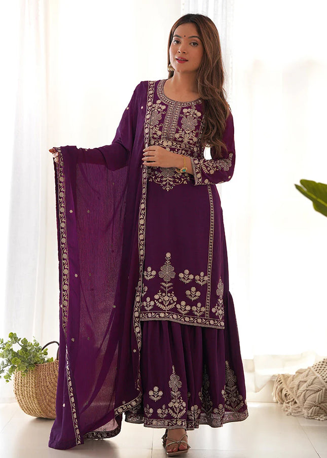 Purple Embroidered Sharara Suit
