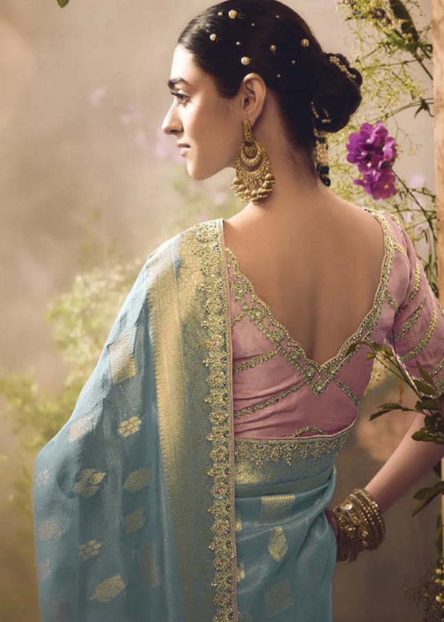 Pink and Sky Blue Embroidered Wedding Saree