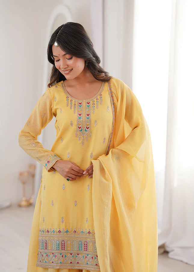 Yellow Embroidered Sharara Suit