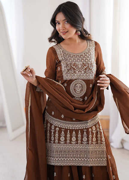 Brown Embroidered Sharara Suit