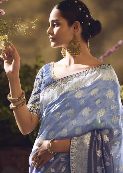 Blue and Grey Embroidered Wedding Saree