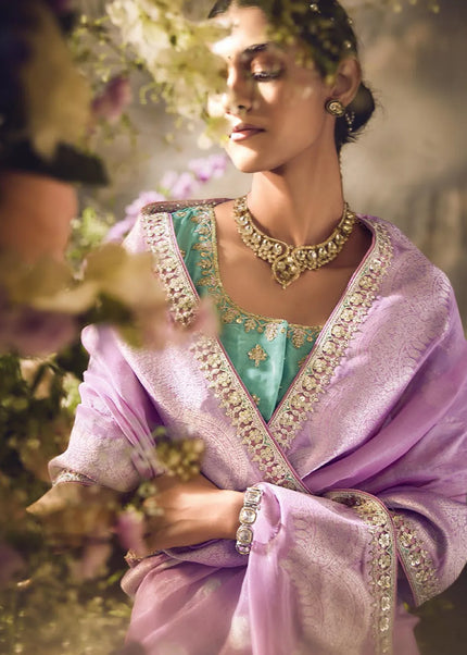 Sea Green and Lavender Embroidered Wedding Saree