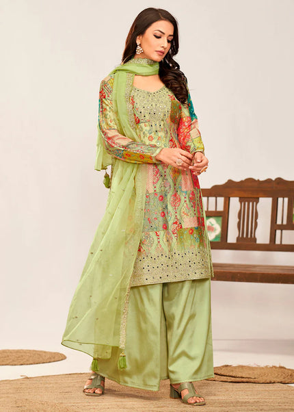 Green Multicolor Embroidered Palazzo Suit