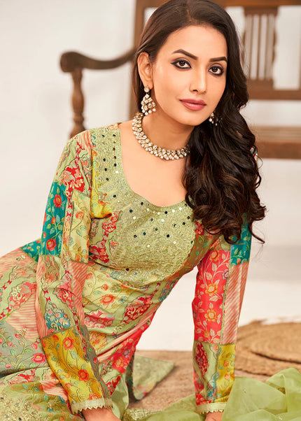 Green Multicolor Embroidered Palazzo Suit