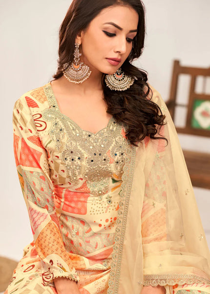 Cream Multicolor Embroidered Palazzo Suit