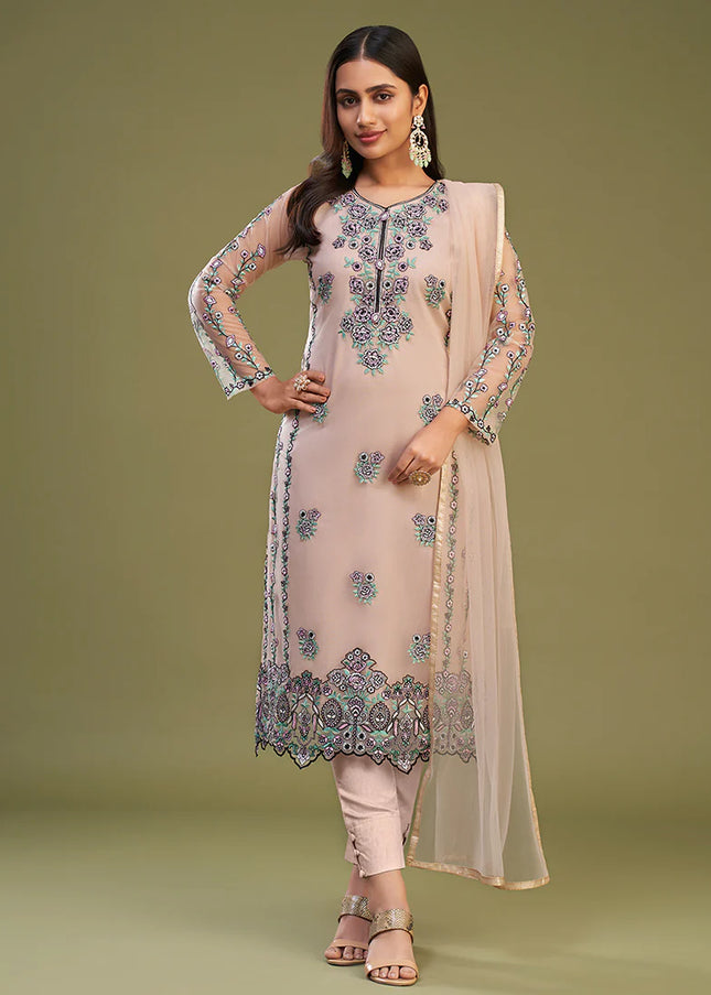 Peach Multi Embroidered Pant Style Suit