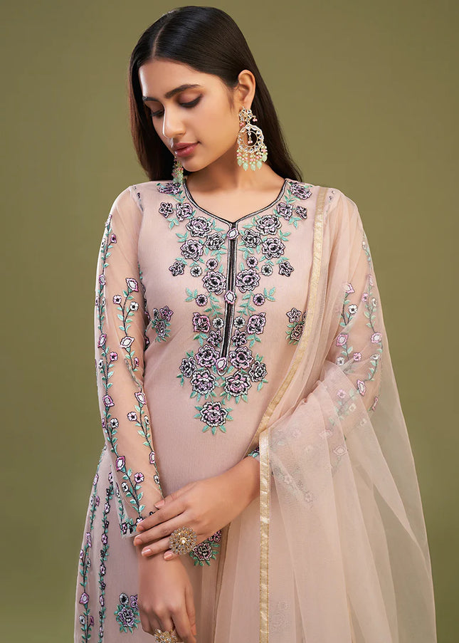 Peach Multi Embroidered Pant Style Suit