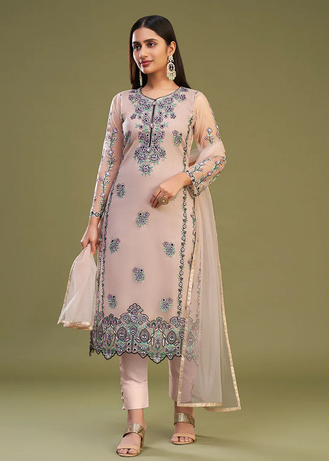 Peach Multi Embroidered Pant Style Suit