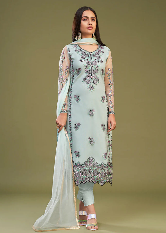 Sky blue Multi Embroidered Pant Style Suit