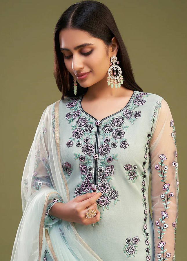 Sky blue Multi Embroidered Pant Style Suit