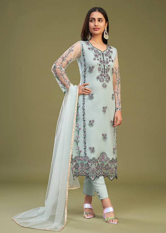 Sky blue Multi Embroidered Pant Style Suit