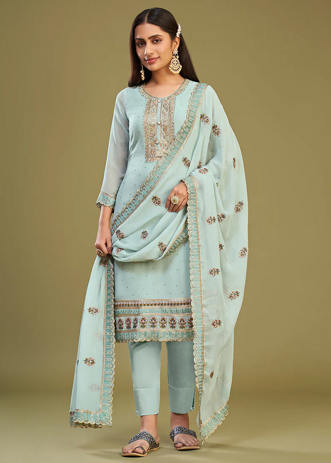 Sky blue Embroidered Pant Style Suit