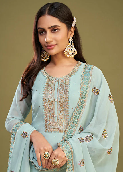 Sky blue Embroidered Pant Style Suit