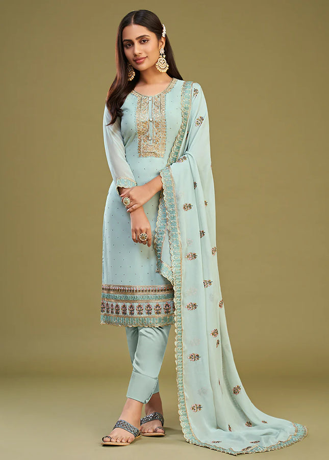 Sky blue Embroidered Pant Style Suit