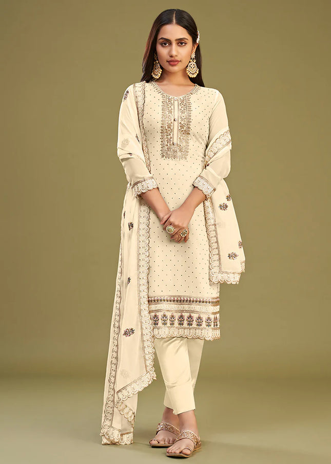 Cream Embroidered Pant Style Suit