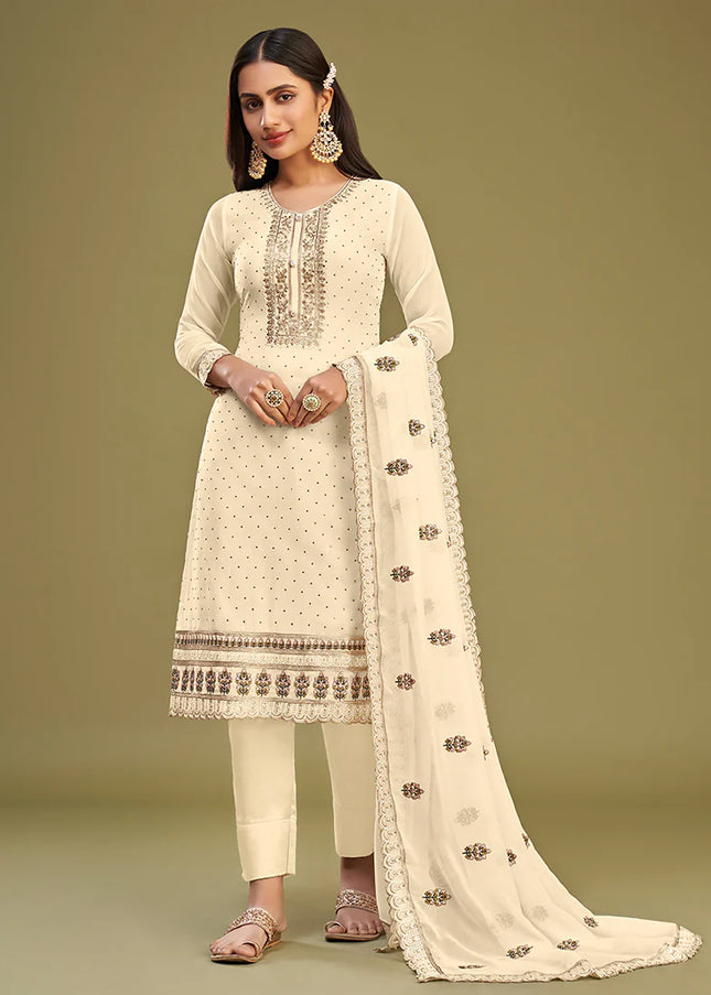 Cream Embroidered Pant Style Suit