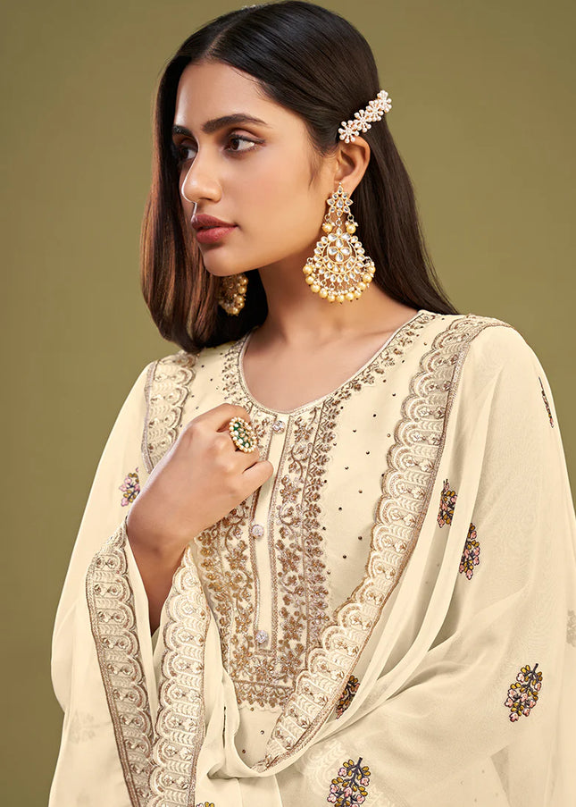 Cream Embroidered Pant Style Suit