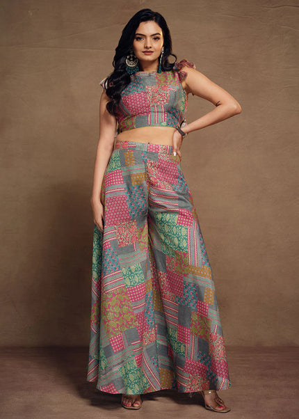 Grey Multicolor Printed and Embroidered Co-Ord Set