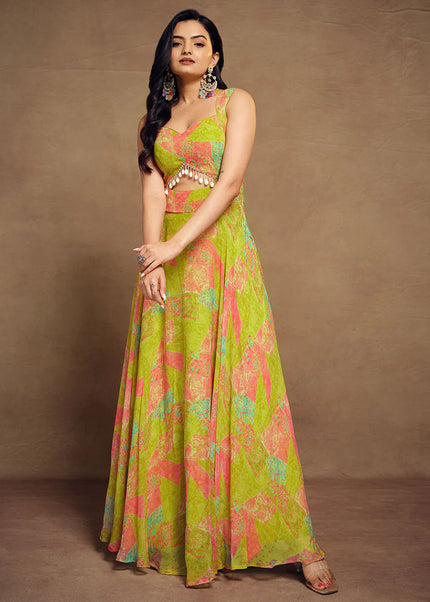 Lime Green Digital Printed Anarkali Gown