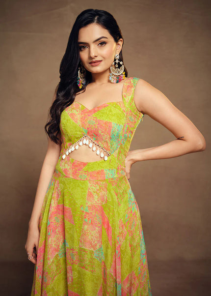 Lime Green Digital Printed Anarkali Gown