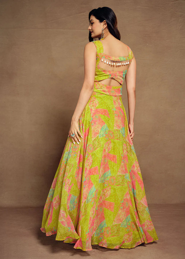 Lime Green Digital Printed Anarkali Gown