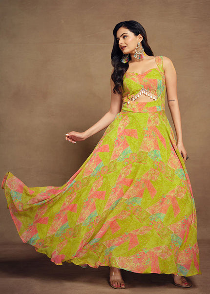 Lime Green Digital Printed Anarkali Gown