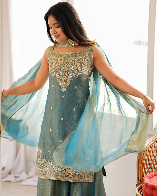 Blue Embroidered Sharara Suit