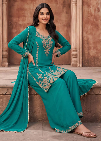 Teal Embroidered Sharara Suit