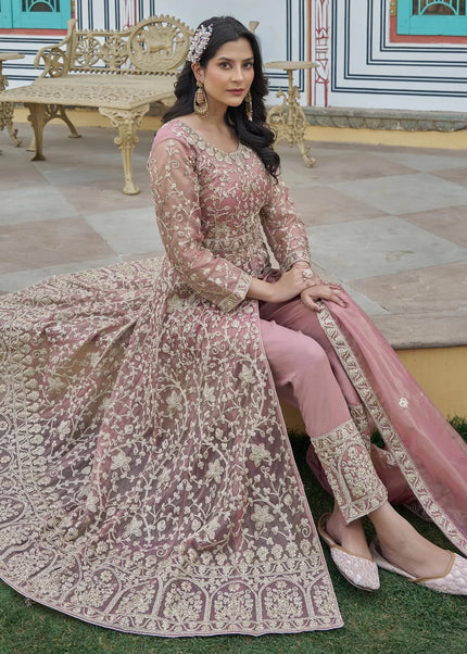 Mauve Embroidered Pant Style Anarkali