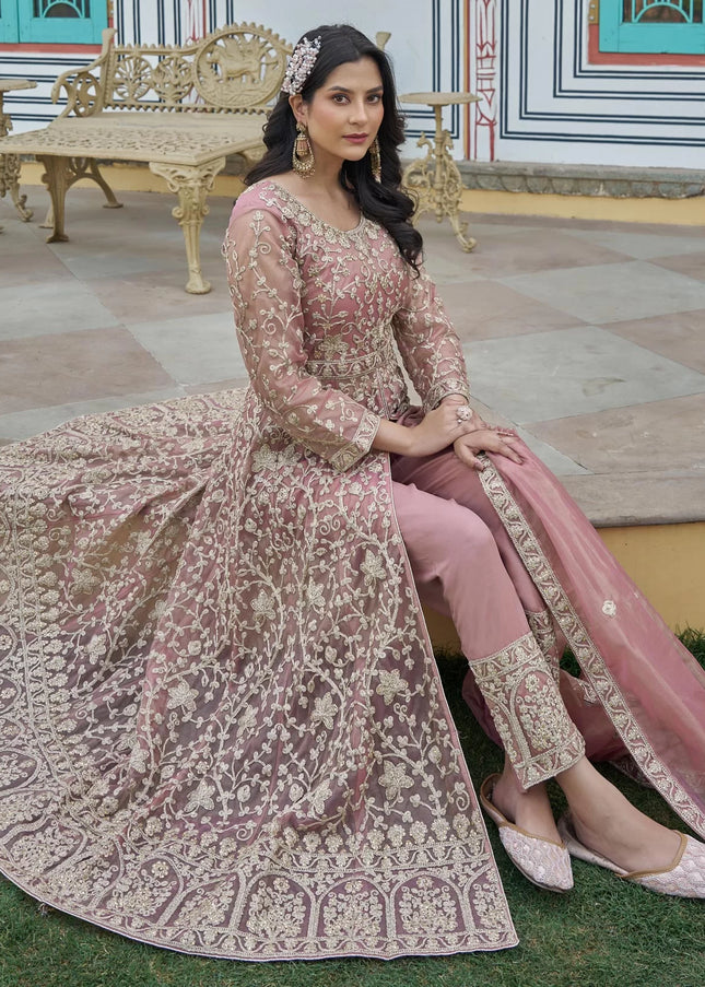 Mauve Embroidered Pant Style Anarkali